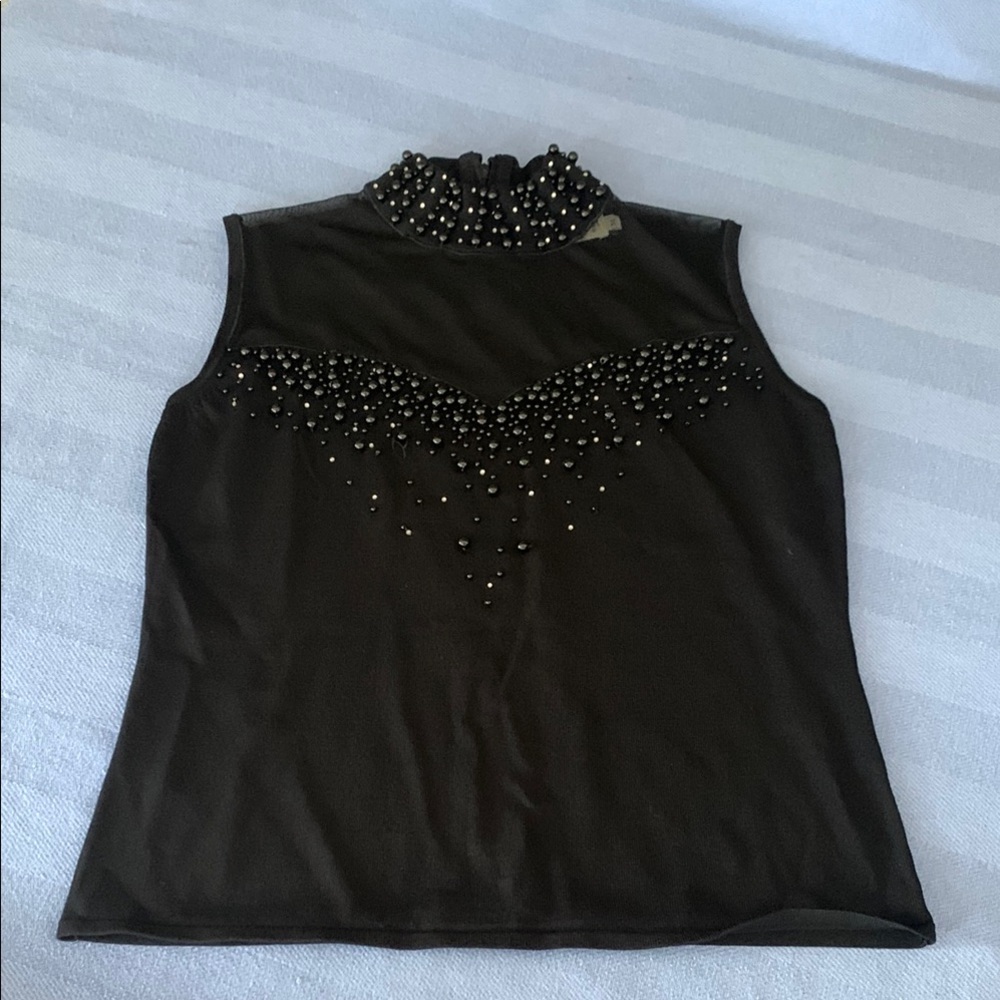 Black Sleeveless Embellished Tank Top with Mandarin Collar